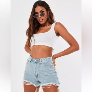 Missguided Blue Light Wash Extreme Ripped Hem High Waist Denim Shorts